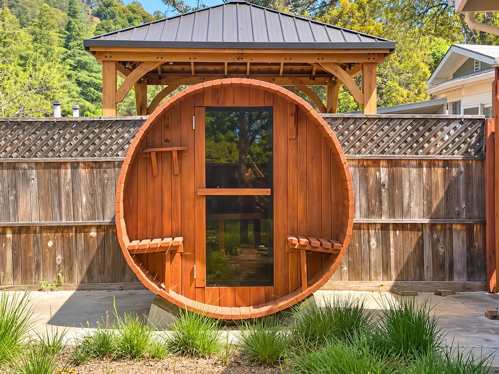 A wooden sauna with a glass door and benches, surrounded by a wooden fence.